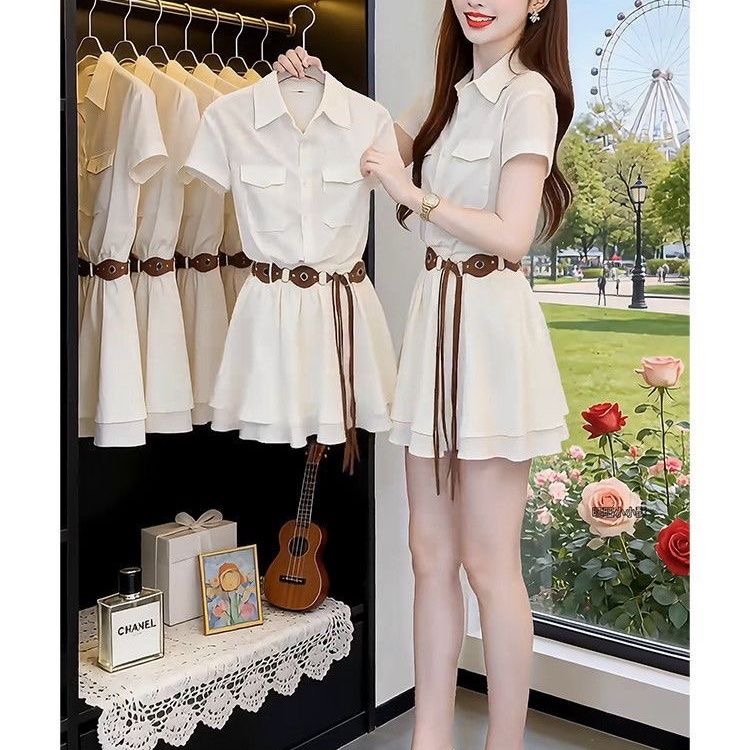 Korean Style A Line Shirt Dress - Korean Style Short Sleeve Shirt Dress