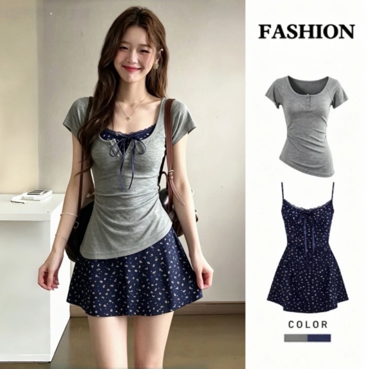 Korean Style A Line Shirt Dress - Women's French Graceful Slim Lace Mini