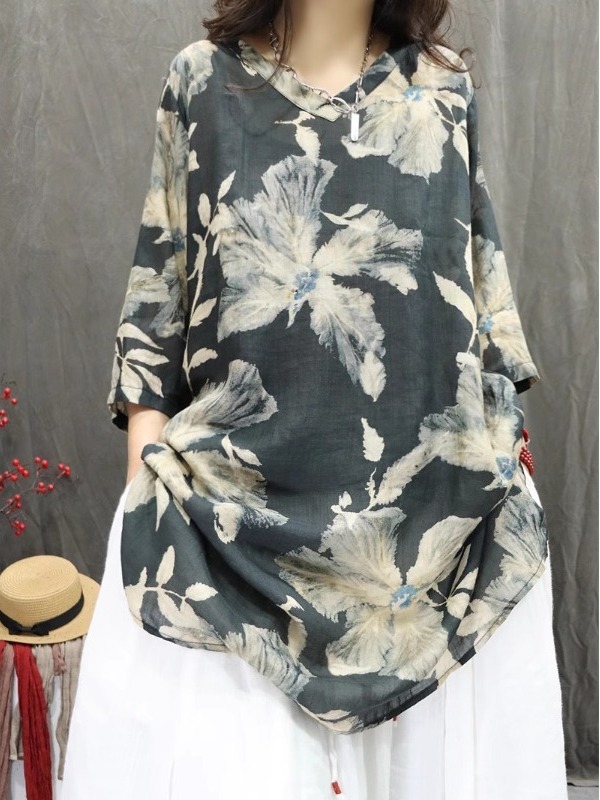 Casual Loose Linen Shirt Dress - Retro Artistic Linen Print Shirt Dress