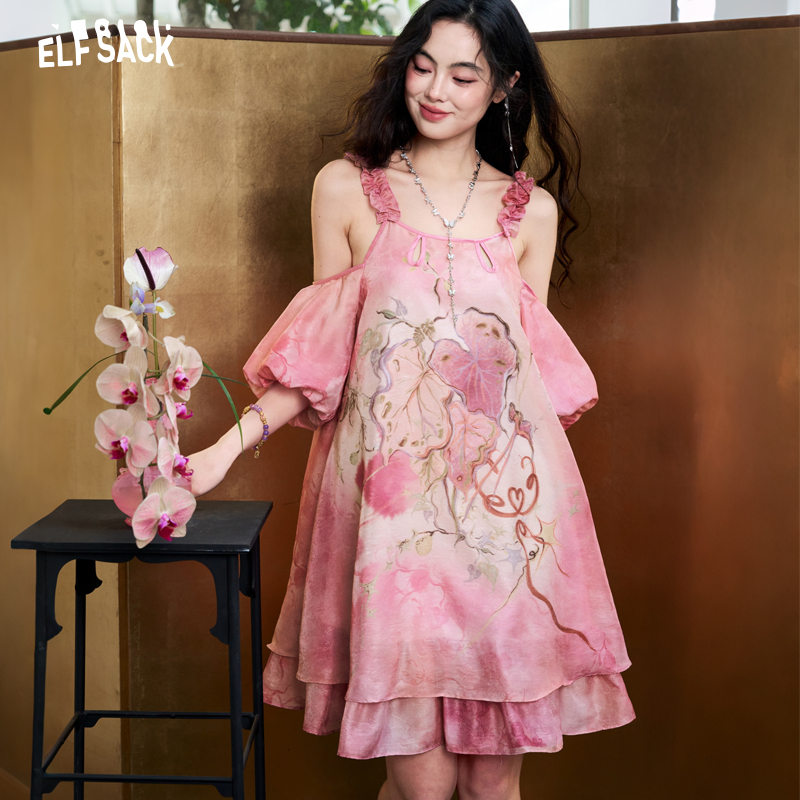Off Shoulder Puff Sleeve Sundress - ELFSACK Women's Tie-Dye Jacquard Chiffon Dress,