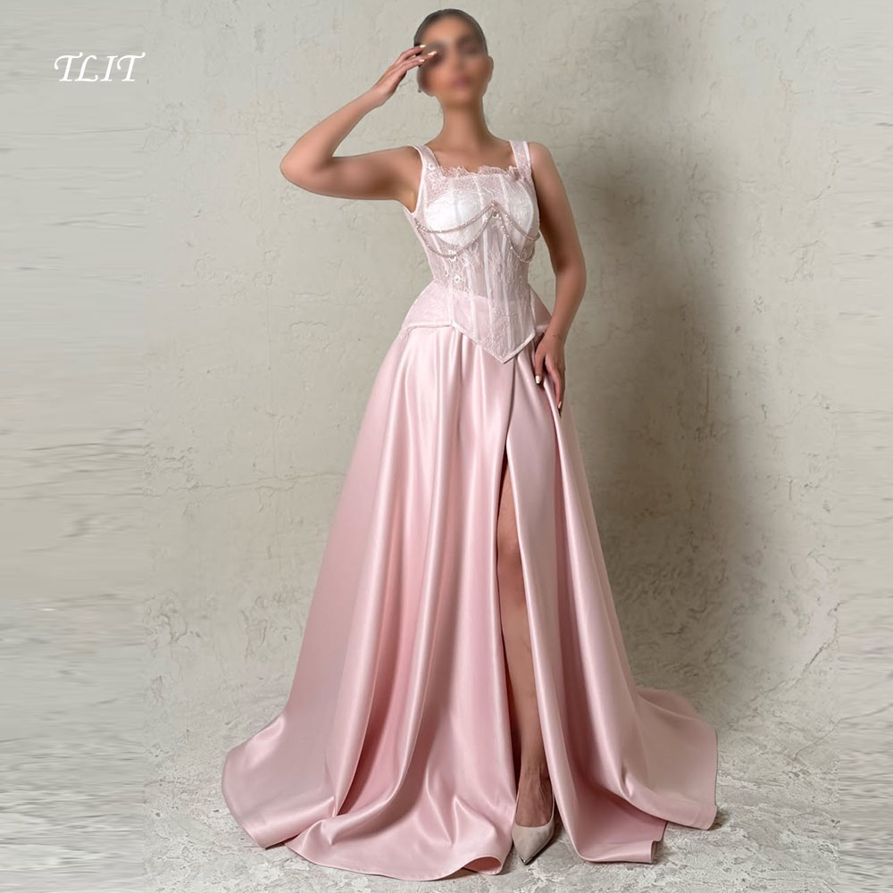 Elegant Satin Evening Gown Split - TLIT Elegant Baby Pink Silk Satin
