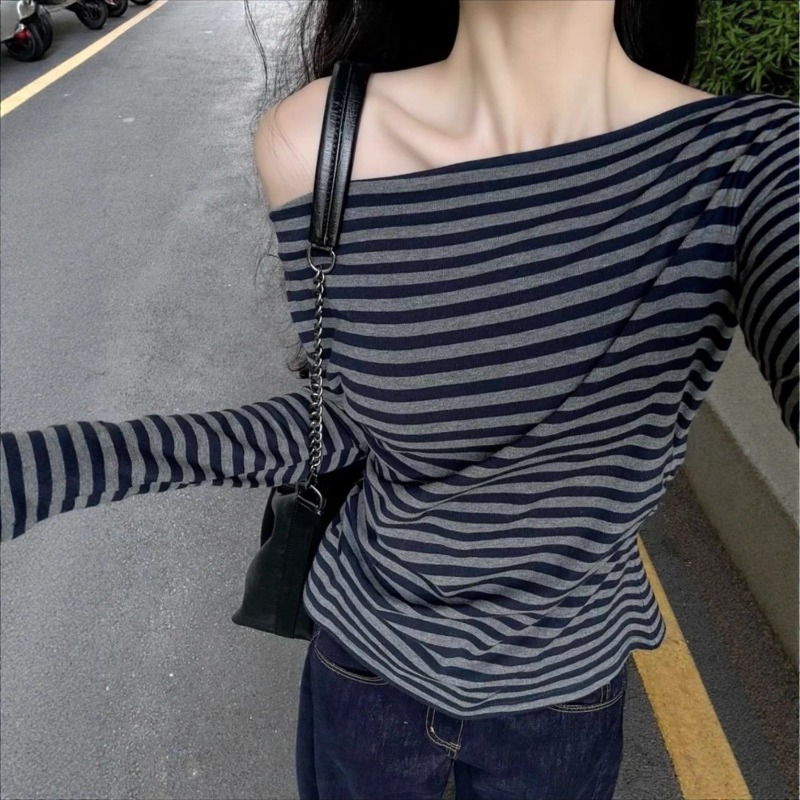 Blouses - Women Vintage Striped Off Shoulder Long