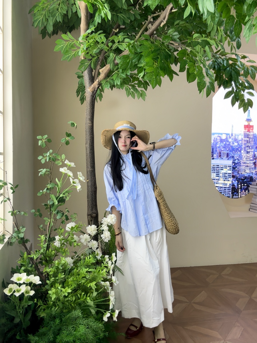 Korean Style A Line Shirt Dress - plus Size Women's Blue Bubble Sleeve