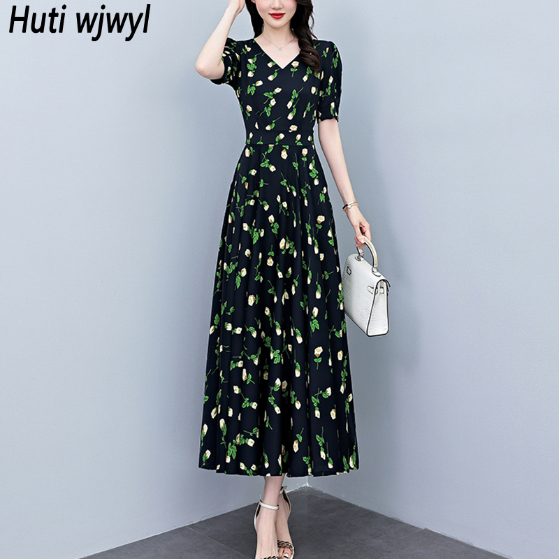 French Vintage Floral Midi Dress - Summer Short Sleeve Bodycon Long Dresses