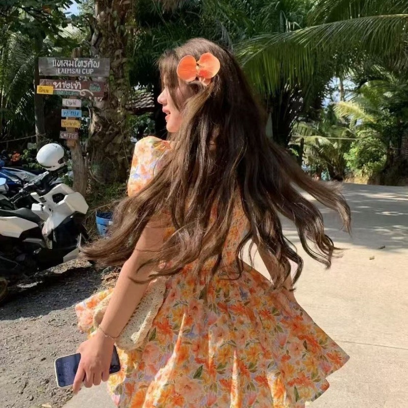 Off Shoulder Puff Sleeve Sundress - 2026 new Orange Floral Print Off