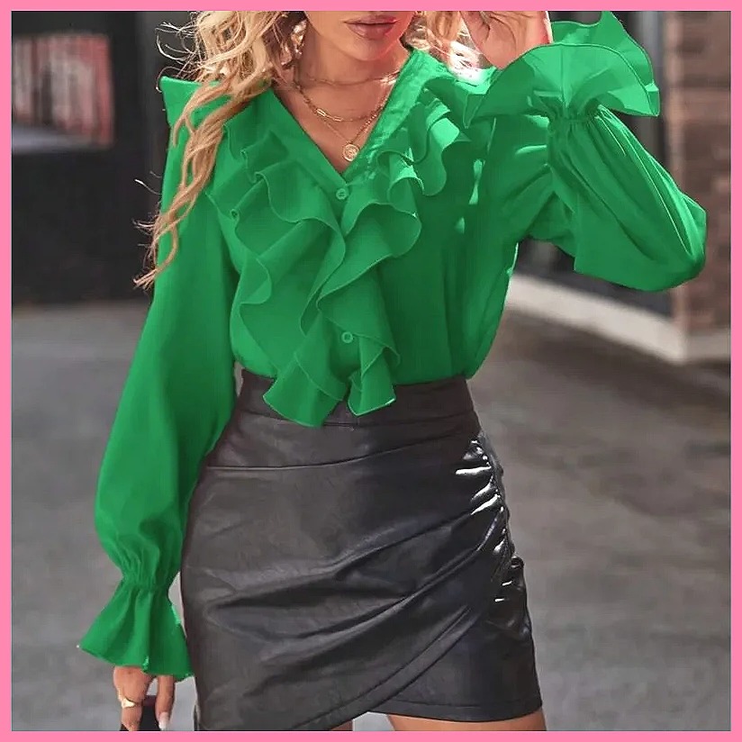 Blouses - 2025 Fashion V-Neck Ruffle Flare Sleeve