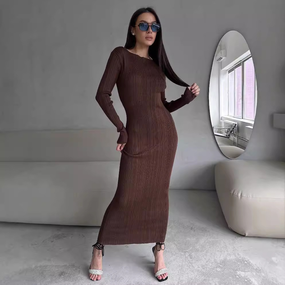Bodycon Long Sleeve Ribbed Dress - Women's Elegant Crew Neck Waist Cinched