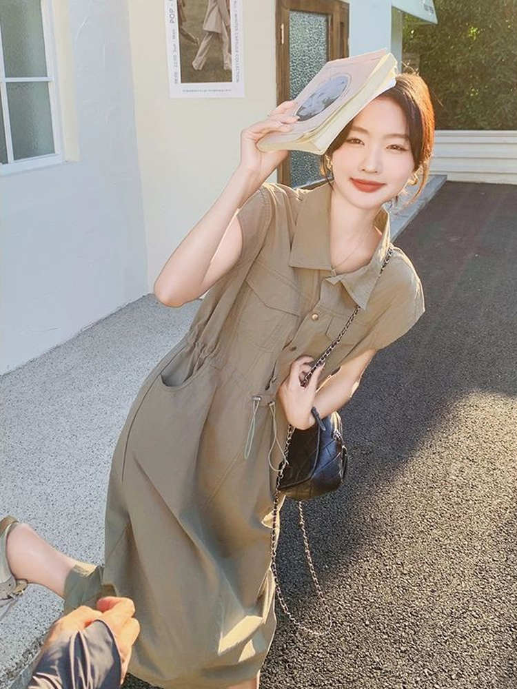 Korean Style A Line Shirt Dress - Slimming plus Size Korean Style Commute