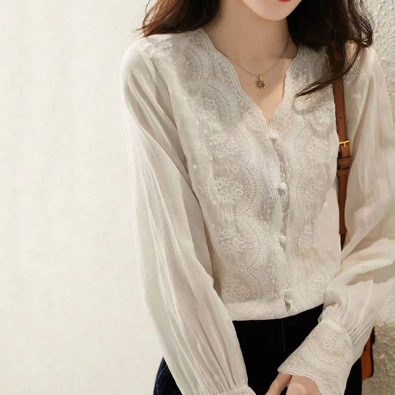 Casual Loose Linen Shirt Dress - GELITAYIN V-Neck Long Sleeve Linen Blouse