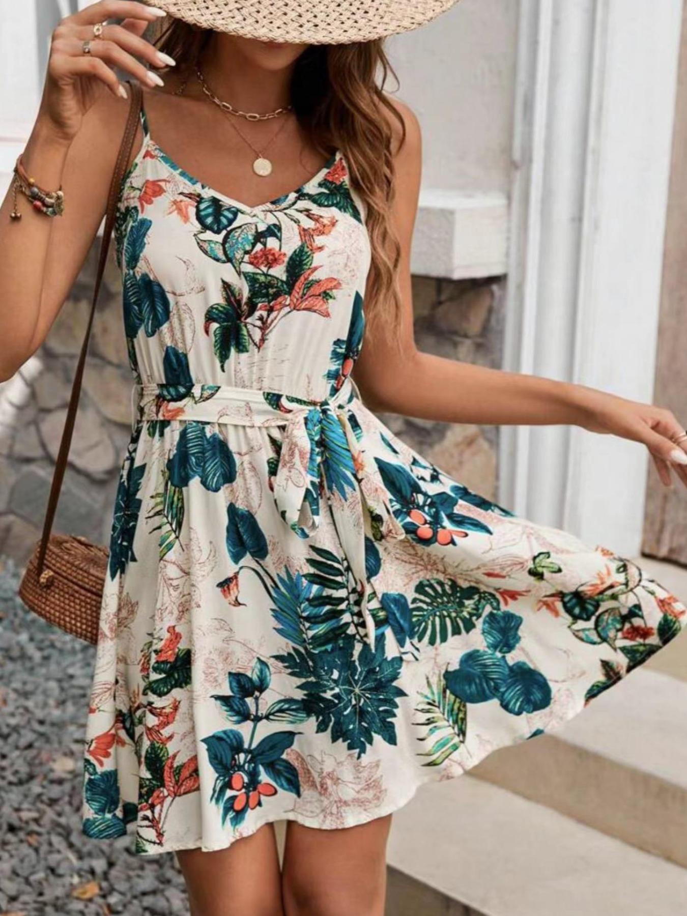 French Vintage Floral Midi Dress - A Bohemian-Style Women's Belt Dress, Suitable
