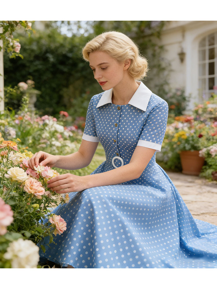 French Vintage Floral Midi Dress - Vintage Women's Summer Dress Polka Dot
