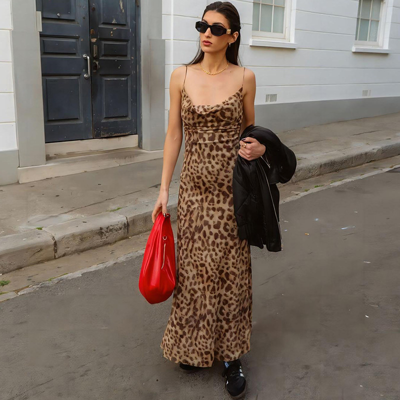 French Vintage Floral Midi Dress - Vintage Leopard Print Sexy Cami Dress