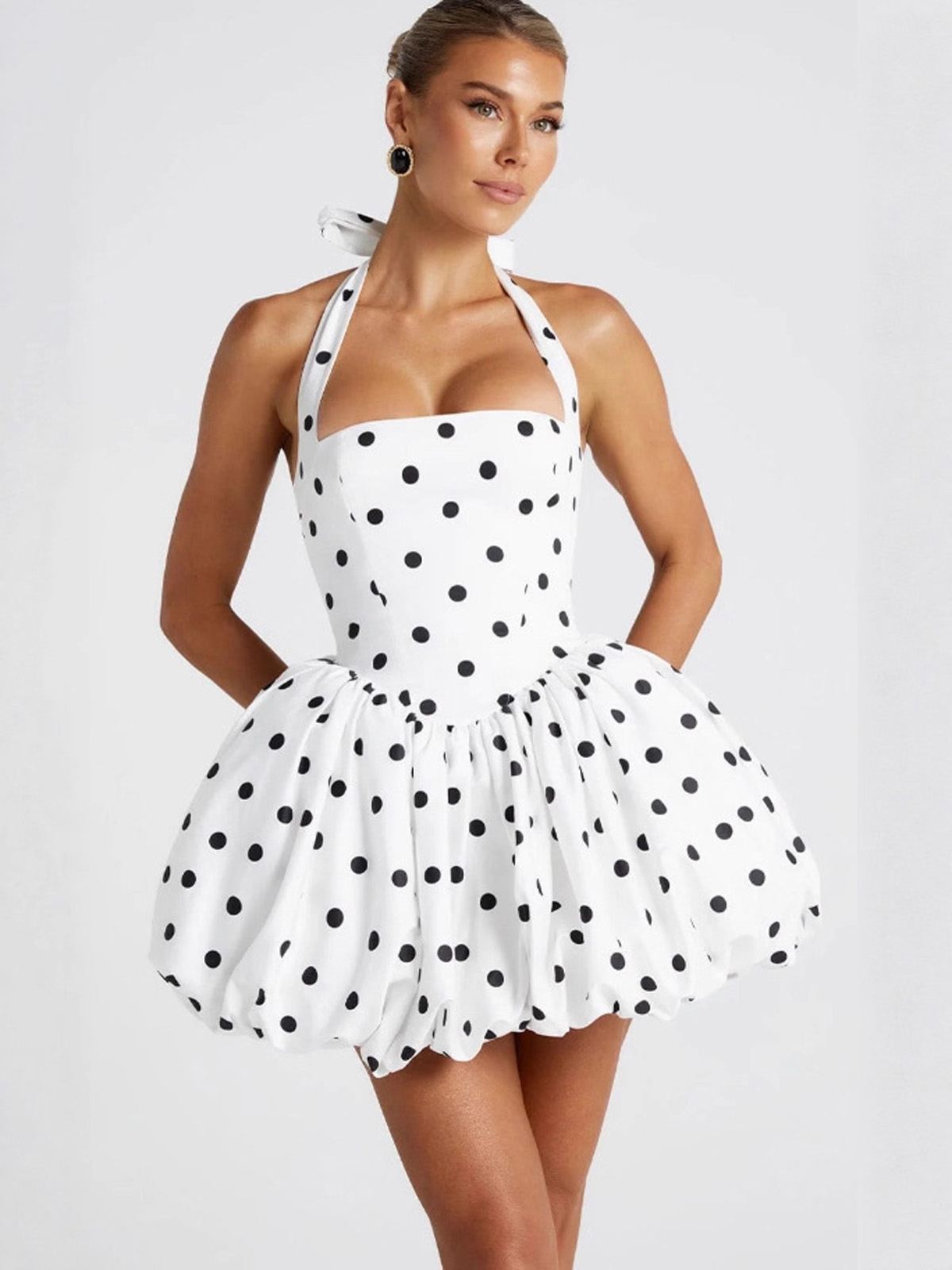 Y2K Backless Halter Mini Dress - Dots Print Halter Spaghetti Strap Short