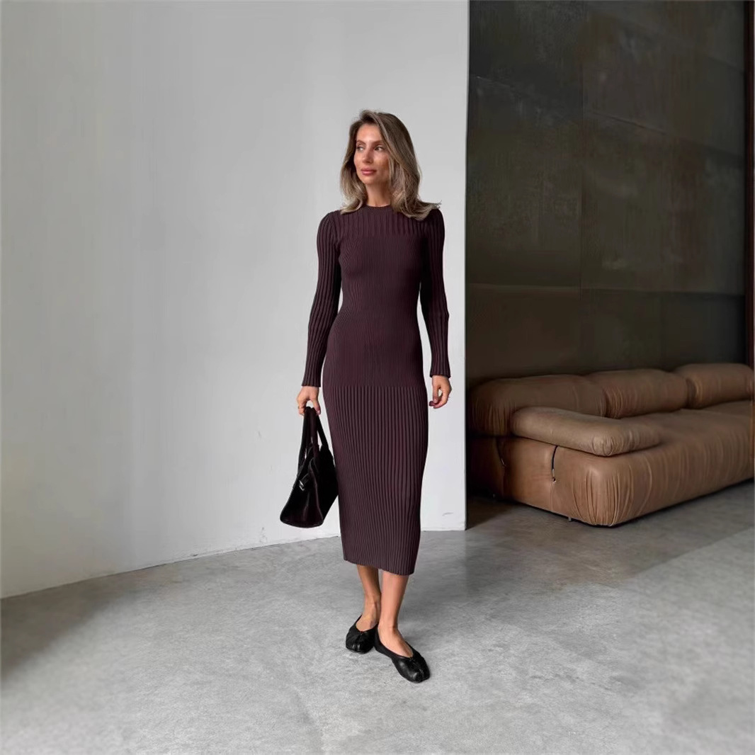 2025 Spring White Khaki Black  - Bodycon Long Sleeve Ribbed Dress recension och pris