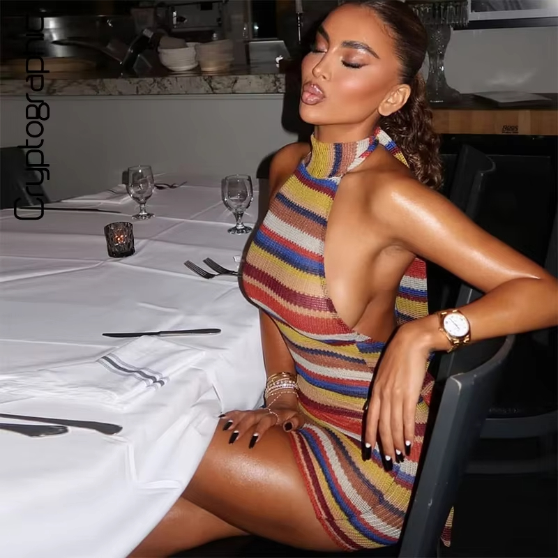 Striped Knit Halter Mini Dress - Y2K Backless Halter Mini Dress recension och pris