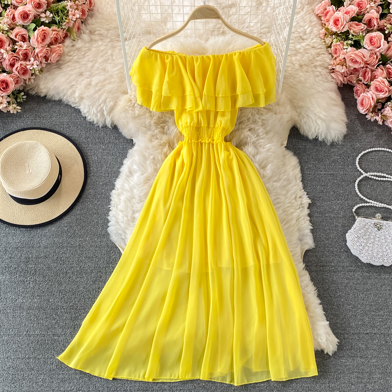 Yellow Solid Women's Beach Dre - Off Shoulder Puff Sleeve Sundress recension och pris