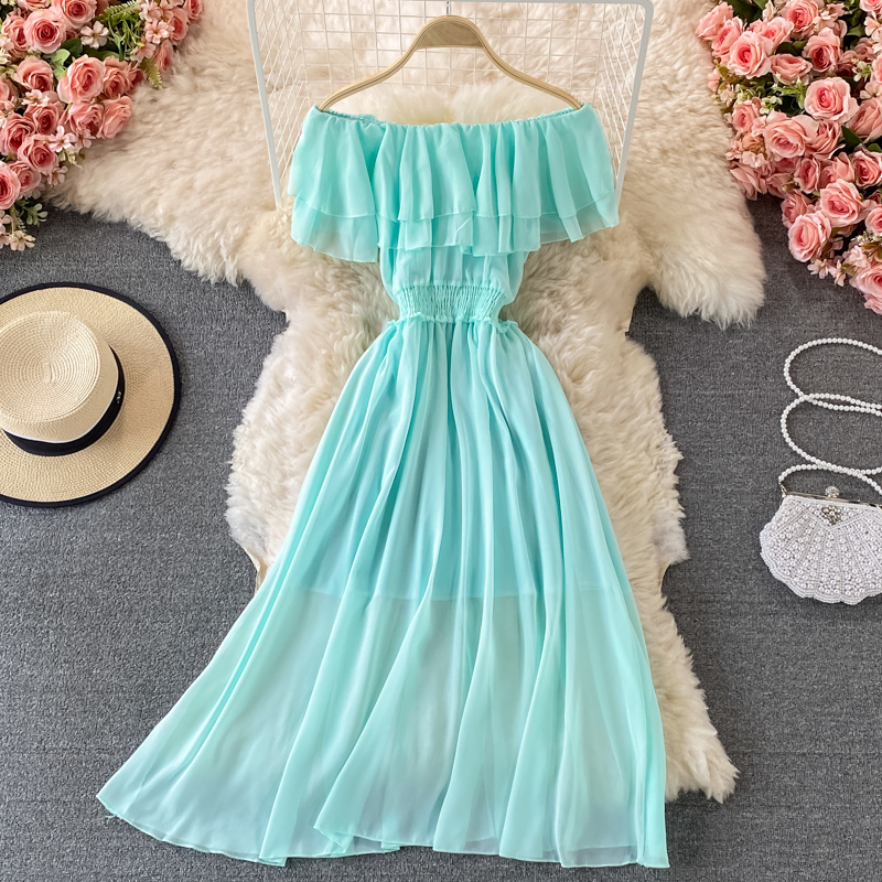 Yellow Solid Women's Beach Dre - Off Shoulder Puff Sleeve Sundress recension och pris