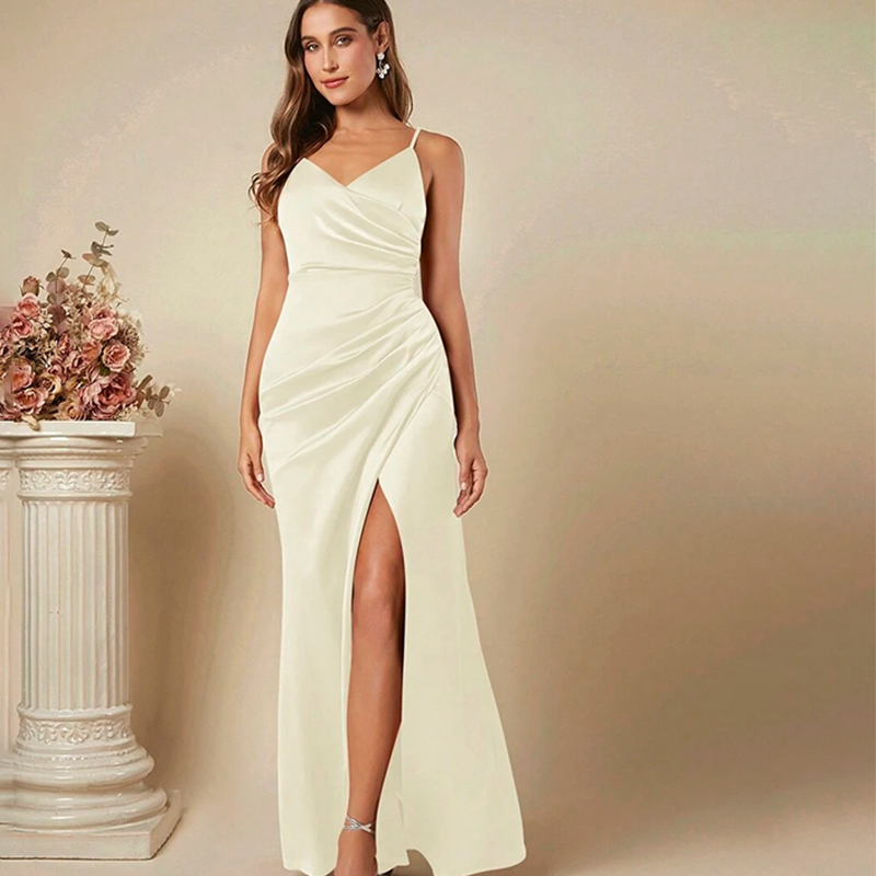 Women Elegant Satin Suspender  - Elegant Satin Evening Gown Split recension och pris