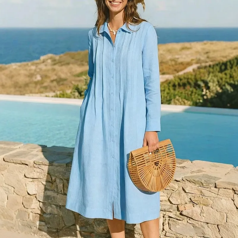 European Solid Long Dress Loos - Casual Loose Linen Shirt Dress recension och pris
