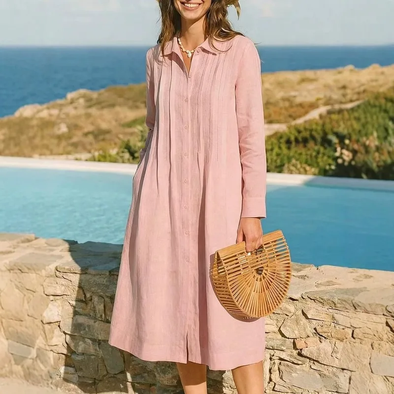 European Solid Long Dress Loos - Casual Loose Linen Shirt Dress recension och pris