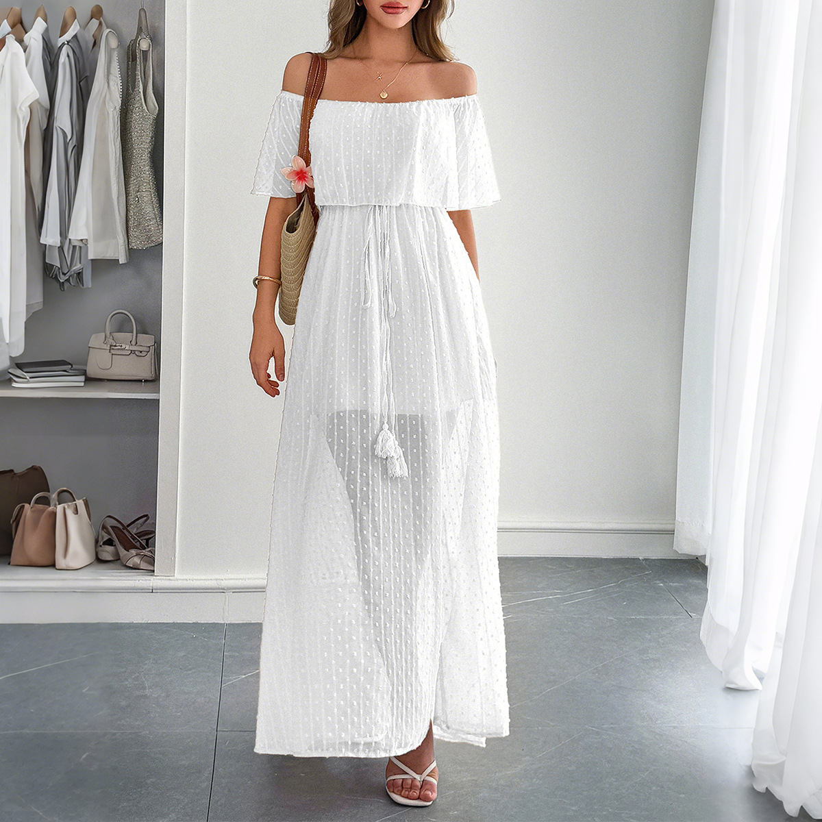 Elegant Women's Summer Casual  - Off Shoulder Puff Sleeve Sundress recension och pris