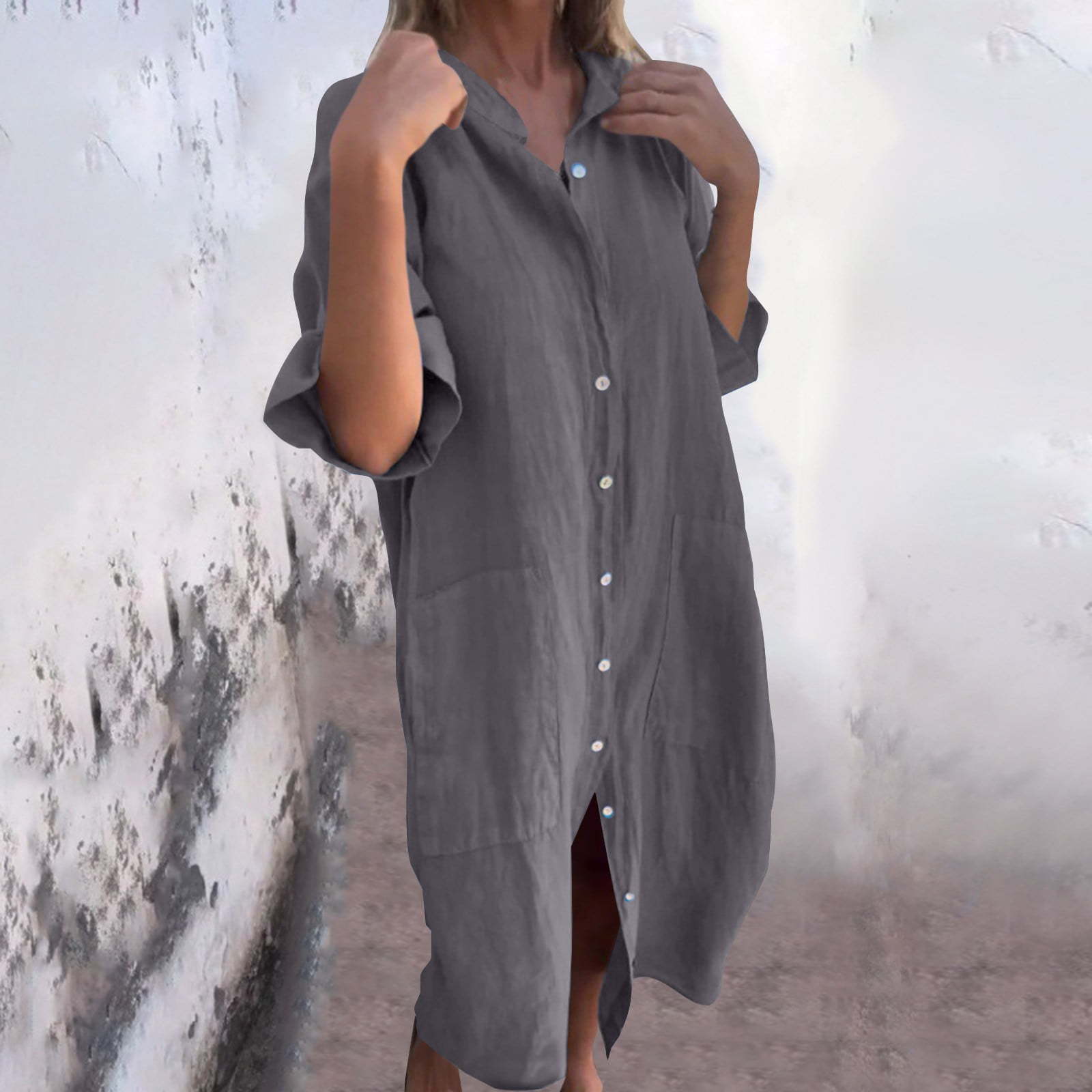 2025 New European and American - Casual Loose Linen Shirt Dress recension och pris