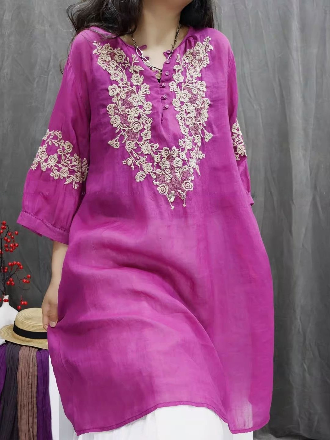 Retro Cotton Linen Embroidered - Casual Loose Linen Shirt Dress recension och pris