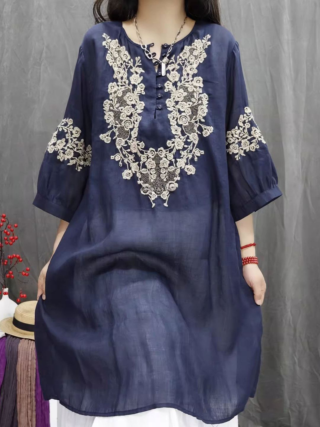 Retro Cotton Linen Embroidered - Casual Loose Linen Shirt Dress recension och pris