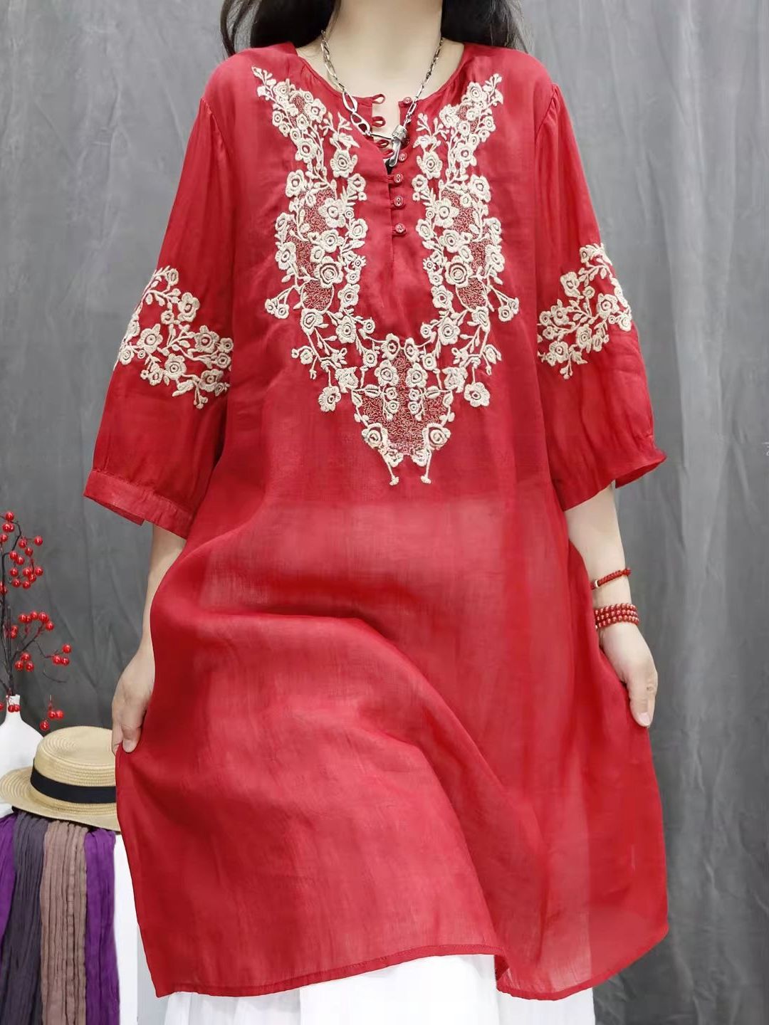 Retro Cotton Linen Embroidered - Casual Loose Linen Shirt Dress recension och pris
