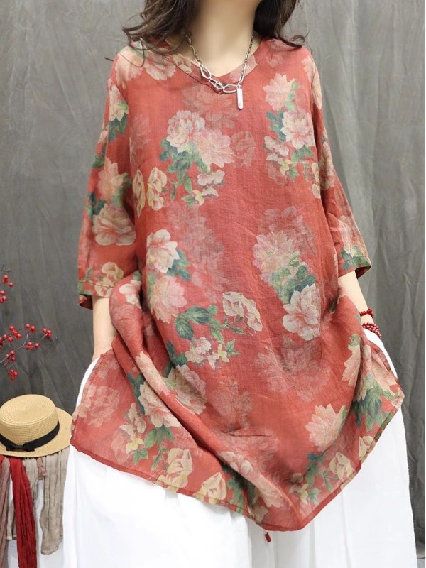 Retro Artistic Linen Print Shi - Casual Loose Linen Shirt Dress recension och pris
