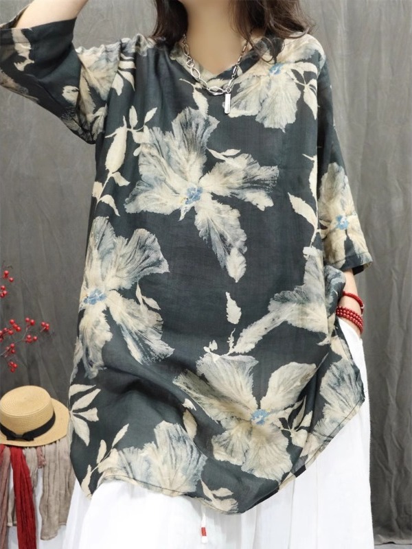 Retro Artistic Linen Print Shi - Casual Loose Linen Shirt Dress recension och pris