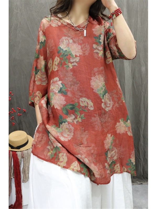 Retro Artistic Linen Print Shi - Casual Loose Linen Shirt Dress recension och pris