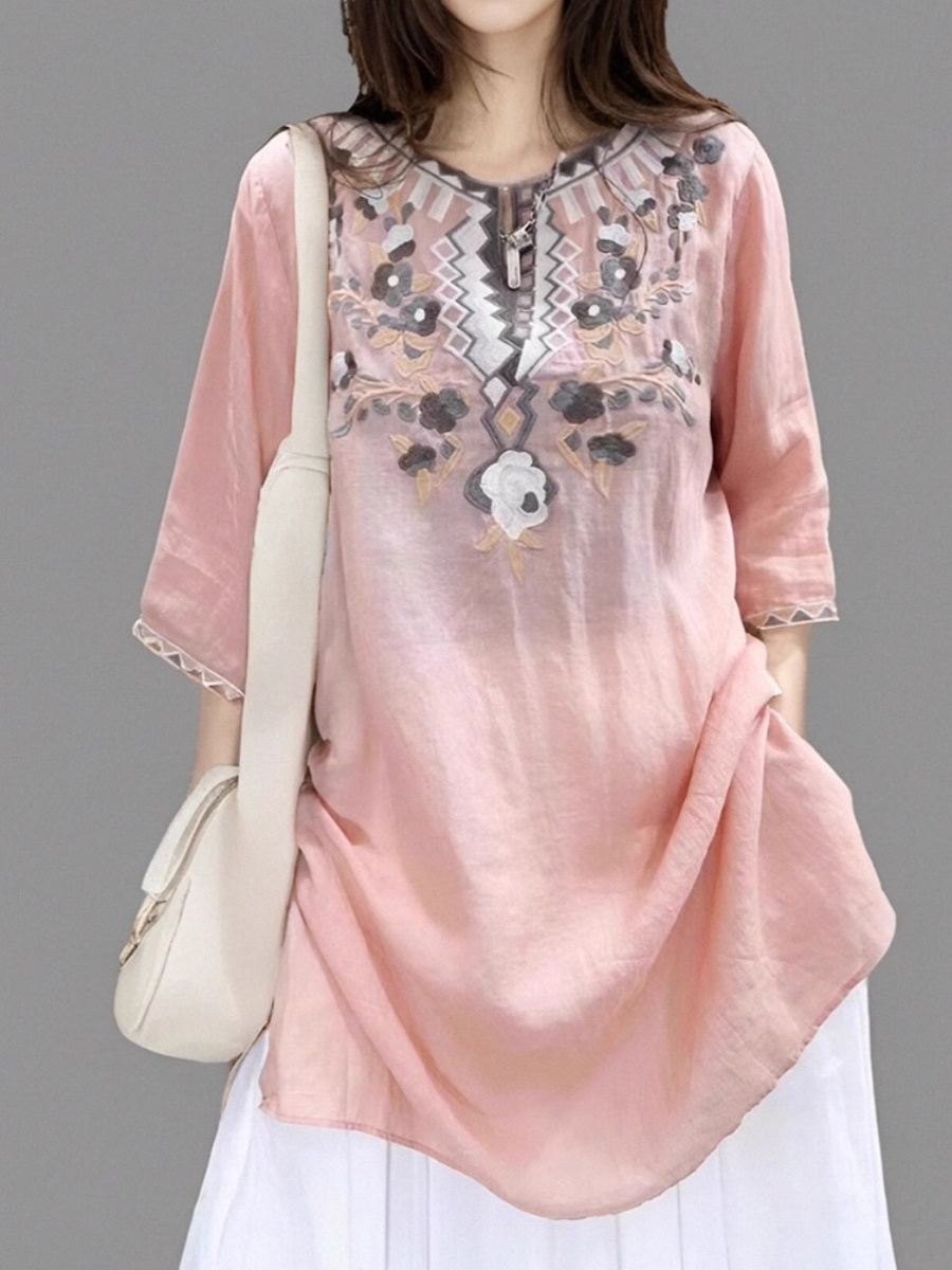 Elegant Embroidered Linen Shir - Casual Loose Linen Shirt Dress recension och pris