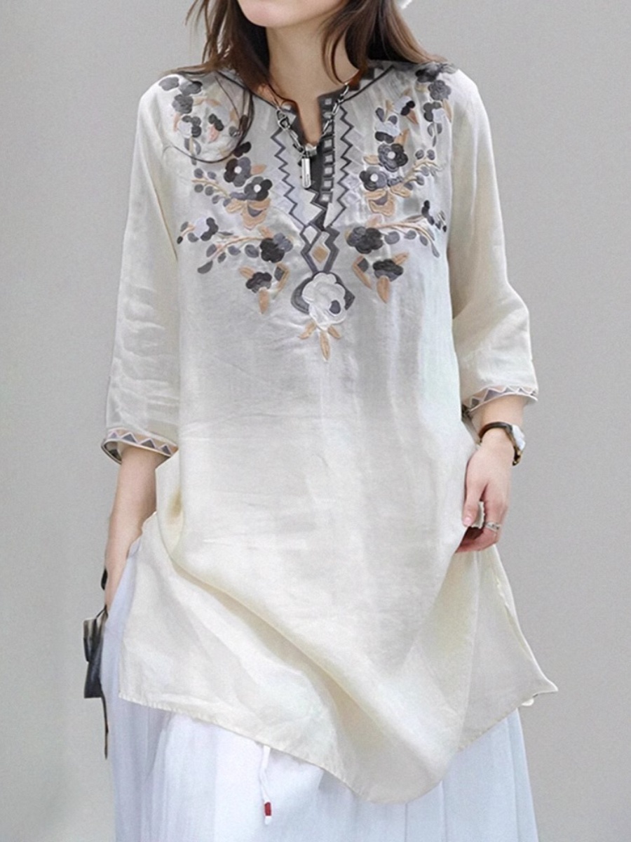 Elegant Embroidered Linen Shir - Casual Loose Linen Shirt Dress recension och pris