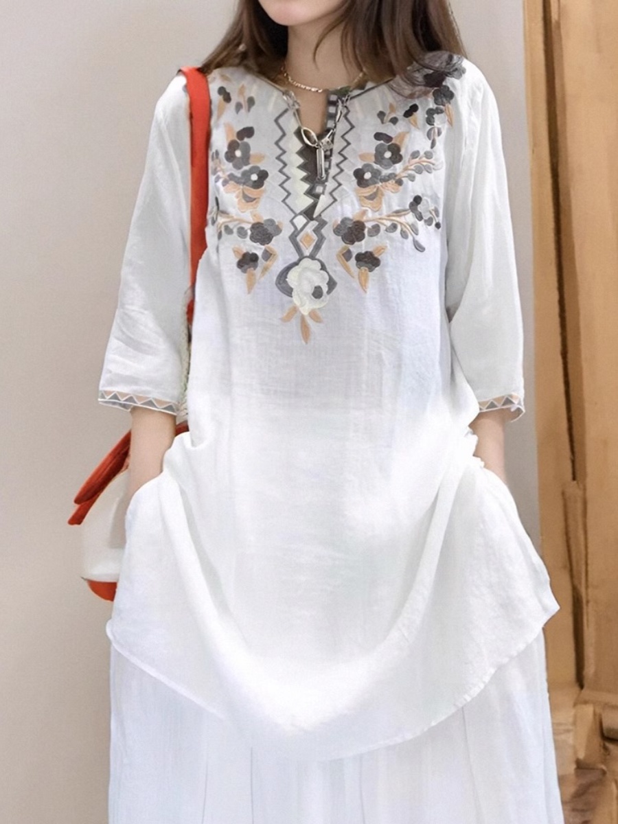 Elegant Embroidered Linen Shir - Casual Loose Linen Shirt Dress recension och pris