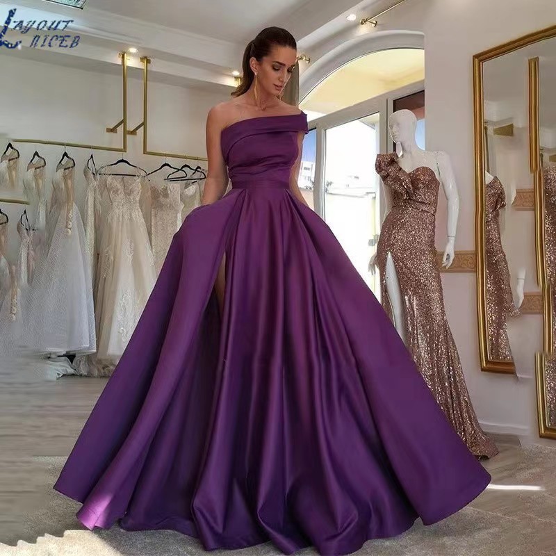 Elegant Off Shoulder Satin Eve - Elegant Satin Evening Gown Split recension och pris