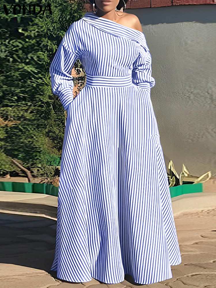 VONDA 2024 Women Elegant Strip - Off Shoulder Puff Sleeve Sundress recension och pris
