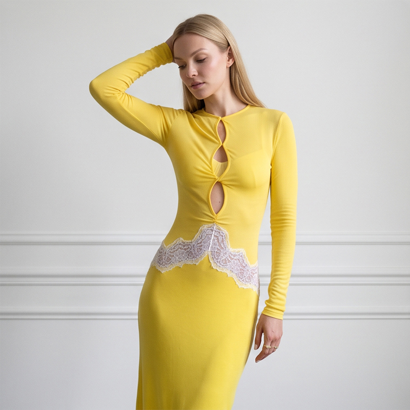 Women Yellow Lace Cutout Long  - Bodycon Long Sleeve Ribbed Dress recension och pris