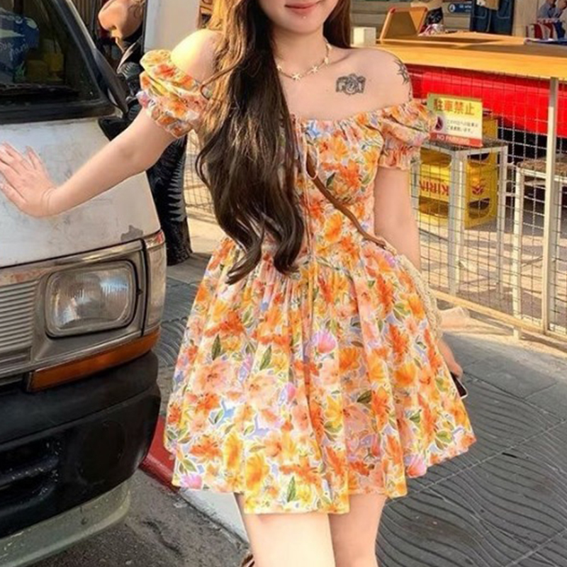 Womens Orange Floral Print Off - Off Shoulder Puff Sleeve Sundress recension och pris