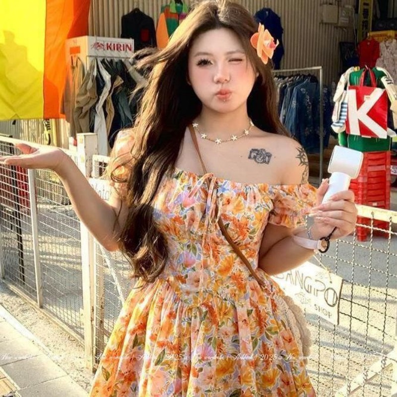 2026 new Orange Floral Print O - Off Shoulder Puff Sleeve Sundress recension och pris