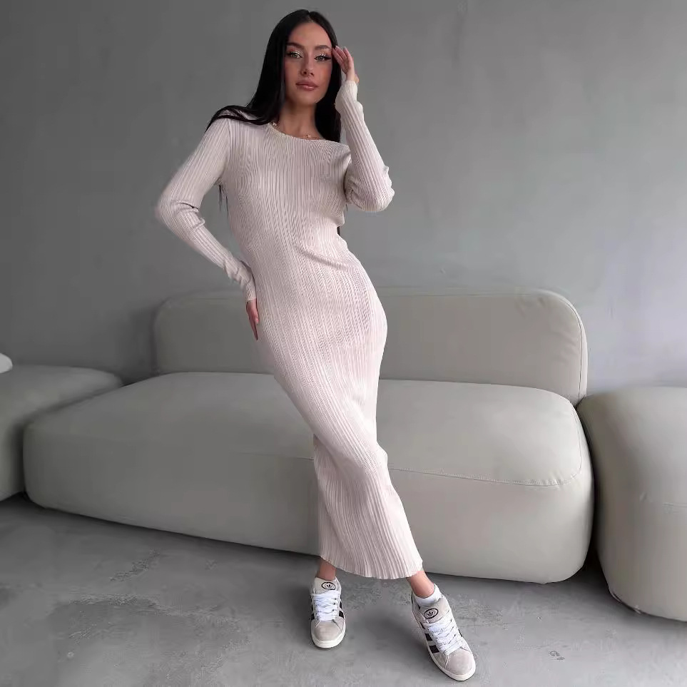 Women's Elegant Crew Neck Wais - Bodycon Long Sleeve Ribbed Dress recension och pris