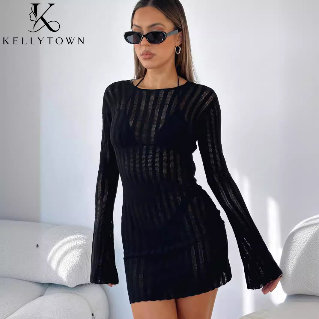Backless Dress Sexy Rib Knit M - Bodycon Long Sleeve Ribbed Dress recension och pris