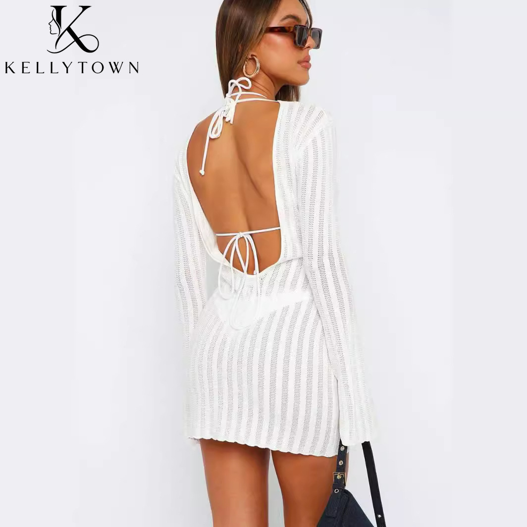 Backless Dress Sexy Rib Knit M - Bodycon Long Sleeve Ribbed Dress recension och pris