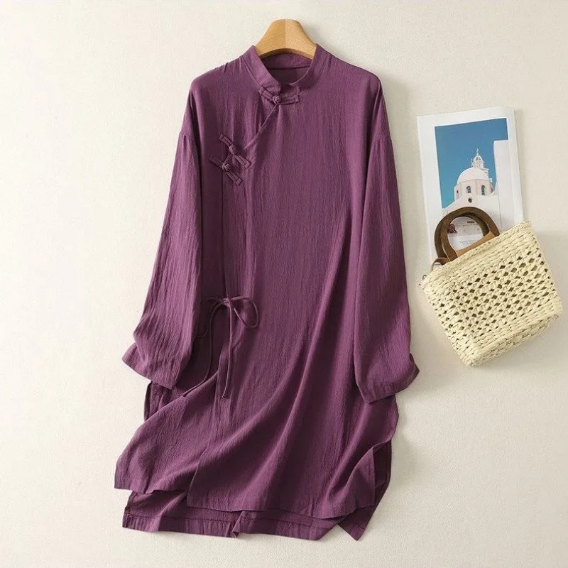 Women's Chinese Style Frog But - Casual Loose Linen Shirt Dress recension och pris