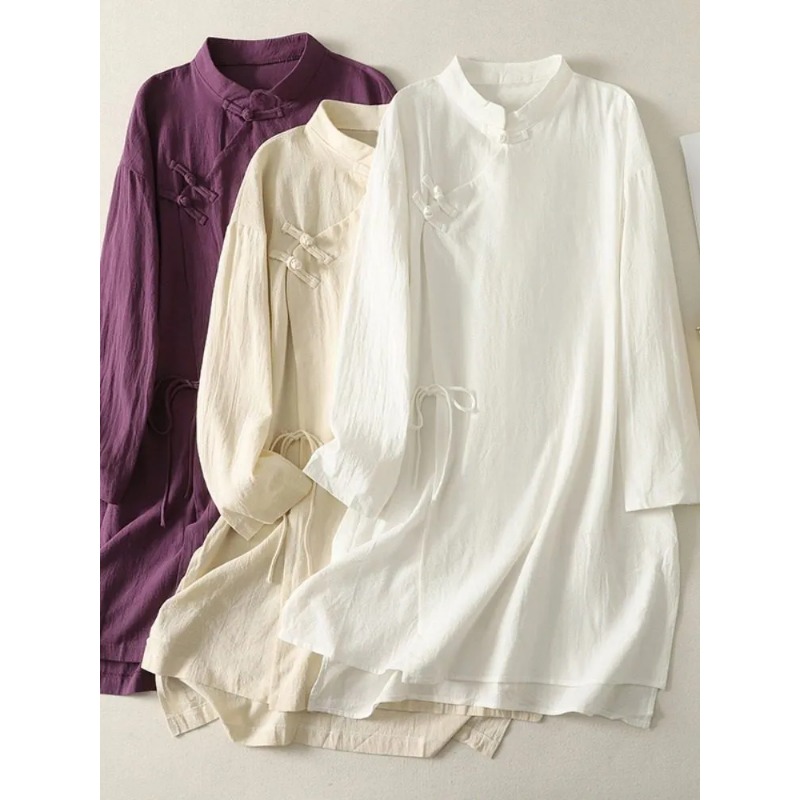 Women's Chinese Style Frog But - Casual Loose Linen Shirt Dress recension och pris
