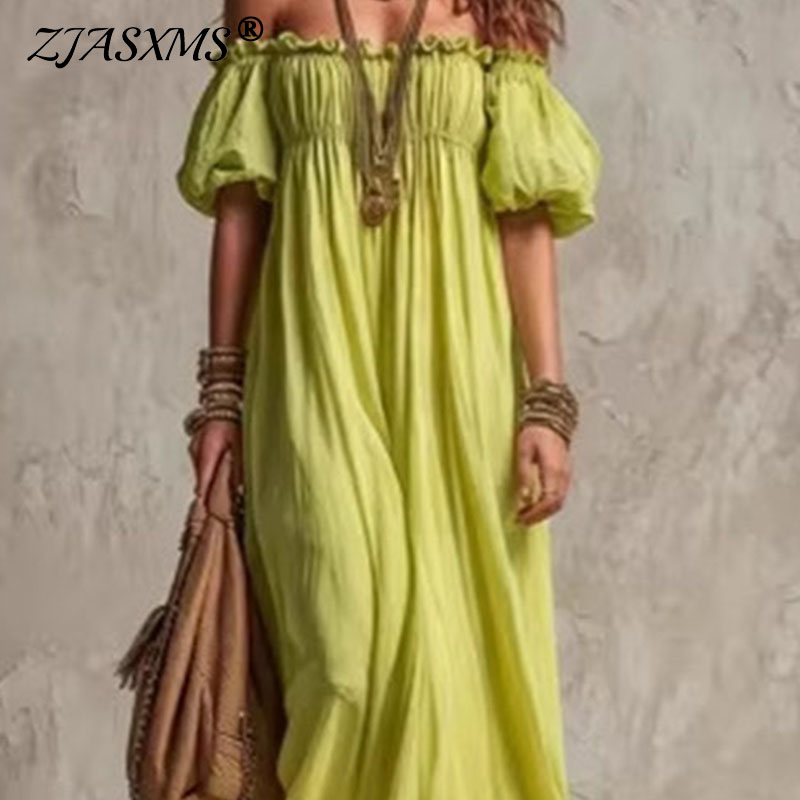 Women Elastic Waist Casual Vac - Off Shoulder Puff Sleeve Sundress recension och pris