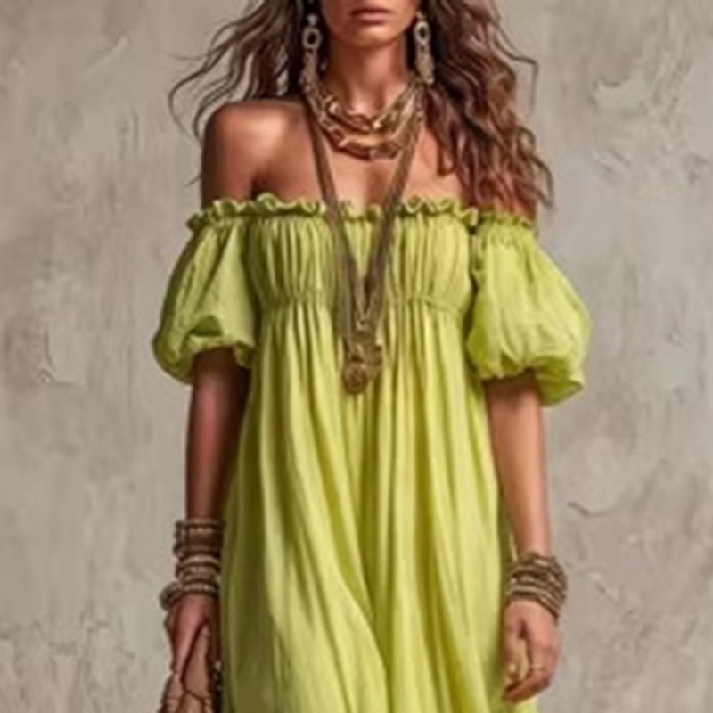 Women Elastic Waist Casual Vac - Off Shoulder Puff Sleeve Sundress recension och pris