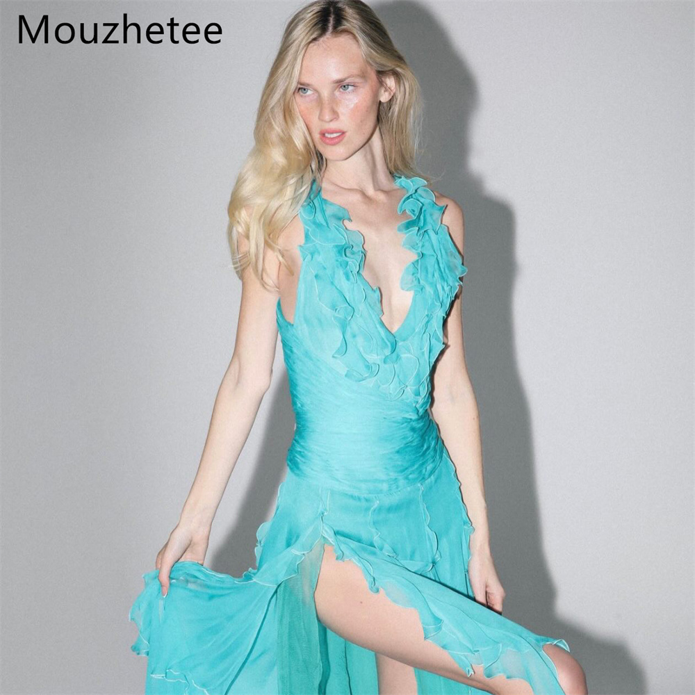 Mouzhetee Simple A-Line V-Neck - Elegant Satin Evening Gown Split recension och pris
