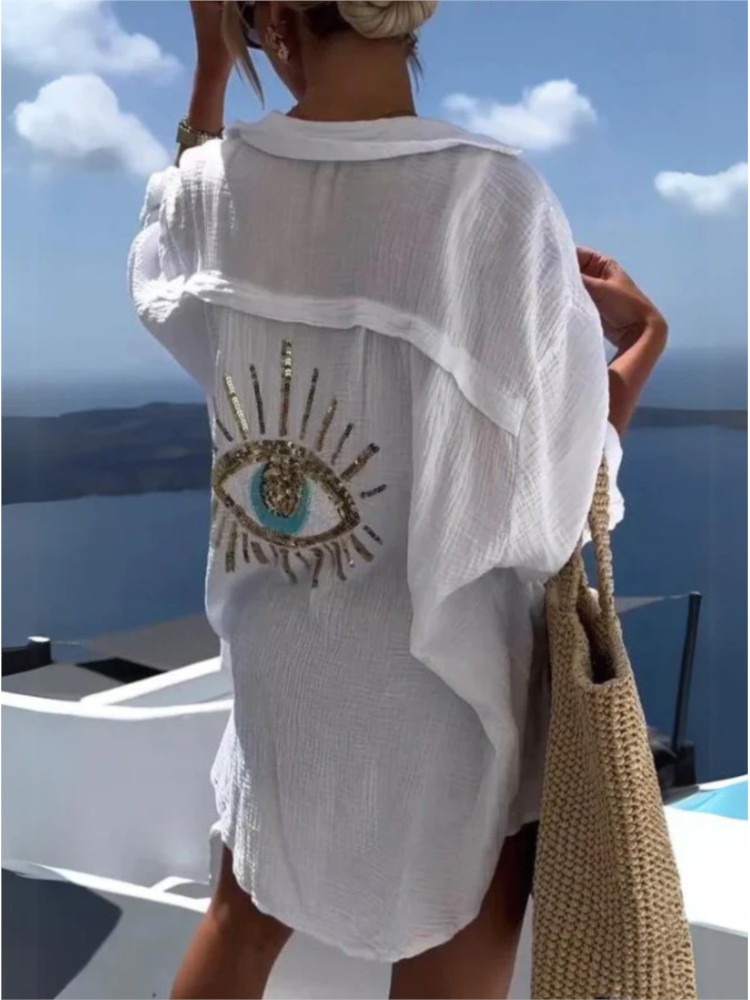 Summer Casual Sequin Eye Shirt - Casual Loose Linen Shirt Dress recension och pris