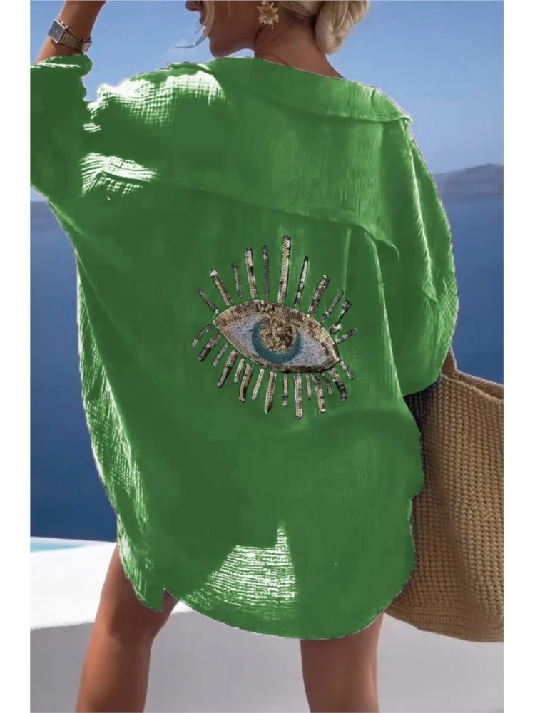 Summer Casual Sequin Eye Shirt - Casual Loose Linen Shirt Dress recension och pris